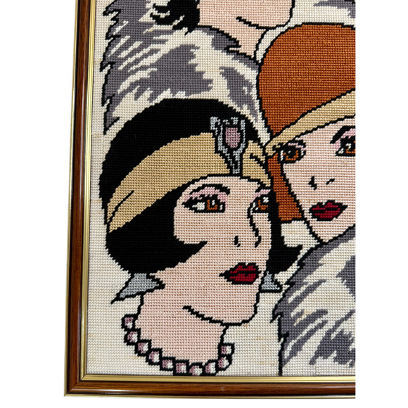 Framed Needlepoint Art Deco Vintage Flapper Lady Glam Embroidery 12" x 19" READ - Picture 8 of 17